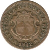 obverse of 5 Céntimos (1942 - 1947) coin with KM# 179 from Costa Rica. Inscription: REPUBLICA DE COSTA RICA C 1942 R