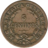 reverse of 5 Céntimos (1942 - 1947) coin with KM# 179 from Costa Rica. Inscription: AMERICA CENTRAL 5 CENTIMOS C R B.N. C.R.