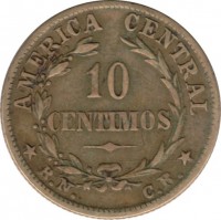 Costa Rica coin 10 Céntimos (1942 - 1947) reverse reverse of 10 Céntimos (1942 - 1947) coin with KM# 180 from Costa Rica. Inscription: AMERICA CENTRAL 10 CENTIMOS B.C. C.R.