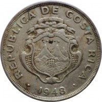 obverse of 2 Colones (1948) coin with KM# 183 from Costa Rica. Inscription: REPUBLICA DE COSTA RICA 1948