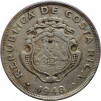 Costa Rica coin 2 Colones (1948) obverse obverse of 2 Colones (1948) coin with KM# 183 from Costa Rica. Inscription: REPUBLICA DE COSTA RICA 1948