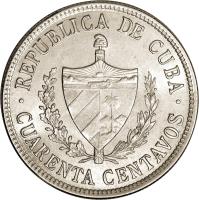 Cuba coin 40 Centavos (1915 - 1920) obverse obverse of 40 Centavos (1915 - 1920) coin with KM# 14 from Cuba. Inscription: · REPUBLICA DE CUBA · CURANTA CENTAVOS