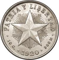 Cuba coin 40 Centavos (1915 - 1920) reverse reverse of 40 Centavos (1915 - 1920) coin with KM# 14 from Cuba. Inscription: · PATRIA Y LIBERTAD · 10 G. · 1920 · 900 M
