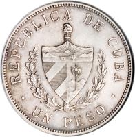Cuba coin 1 Peso (1915 - 1934) obverse obverse of 1 Peso (1915 - 1934) coin with KM# 15 from Cuba. Inscription: REPUBLICA DE CUBA UN PESO
