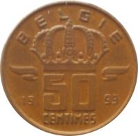 Belgium coin 50 Centimes - Baudouin I - Dutch text (1956 - 2001) reverse reverse of 50 Centimes - Baudouin I - Dutch text (1956 - 2001) coin with KM# 149 from Belgium. Inscription: BELGIE 19 50 99 CENTIMES