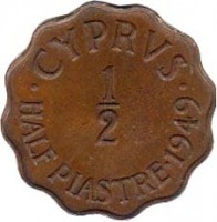 reverse of 1/2 Piastre - George VI (1949) coin with KM# 29 from Cyprus. Inscription: · CYPRVS · 1 - 2 HALF PIASTRE · 1949