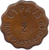 Cyprus coin 1/2 Piastre - George VI (1949) reverse reverse of 1/2 Piastre - George VI (1949) coin with KM# 29 from Cyprus. Inscription: · CYPRVS · 1 - 2 HALF PIASTRE · 1949
