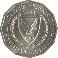 obverse of 1 Mil (1963 - 1972) coin with KM# 38 from Cyprus. Inscription: ΚΥΠΡΙΑΚΗ ΔΗΜΟΚΡΑΤΙΑ · KIBRIS CUMHURYETI 1963 1960