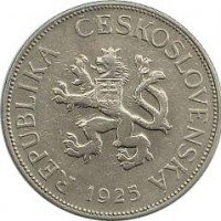 Czechoslovakia coin 5 Korun (1925 - 1927) obverse obverse of 5 Korun (1925 - 1927) coin with KM# 10 from Czechoslovakia. Inscription: REPUBLIKA ČESKOSLOVENSKÁ 1925