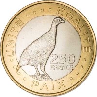 reverse of 250 Francs (2012) coin with KM# 42 from Djibouti. Inscription: UNITÉ ÉGALITÉ 250 FRANCS PAIX