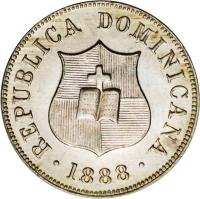 Dominican Republic coin 2 1/2 Centavos (1882 - 1888) obverse obverse of 2 1/2 Centavos (1882 - 1888) coin with KM# 7 from Dominican Republic. Inscription: REPUBLICA DOMINICANA · 1888 ·