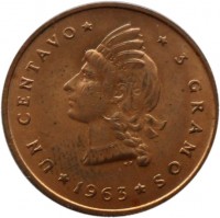 Dominican Republic coin 1 Centavo - Restoration (1963) reverse reverse of 1 Centavo - Restoration (1963) coin with KM# 25 from Dominican Republic. Inscription: UN CENTAVO 3 GRAMOS 1963