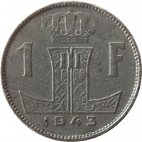 reverse of 1 Franc - Leopold III - BELGIQUE-BELGIE (1941 - 1947) coin with KM# 127 from Belgium. Inscription: 1 F 1943