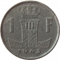 Belgium coin 1 Franc - Leopold III - BELGIQUE-BELGIE (1941 - 1947) reverse reverse of 1 Franc - Leopold III - BELGIQUE-BELGIE (1941 - 1947) coin with KM# 127 from Belgium. Inscription: 1 F 1943