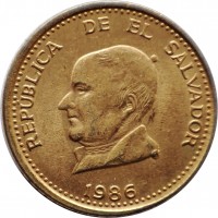 obverse of 25 Centavos (1986) coin with KM# 139a from El Salvador. Inscription: REPÚBLICA DE EL SAVADOR 1986