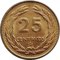 El Salvador coin 25 Centavos (1986) reverse reverse of 25 Centavos (1986) coin with KM# 139a from El Salvador. Inscription: 25 CENTAVOS