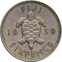 reverse of 6 Pence - Elizabeth II - 1'st Portrait (1953 - 1967) coin with KM# 19 from Fiji. Inscription: FIJI 19 58 SIXPENCE