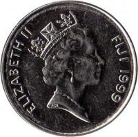 obverse of 5 Cents - Elizabeth II - 3'rd Portrait (1990 - 2006) coin with KM# 51a from Fiji. Inscription: ELIZABETH II FIJI 1990