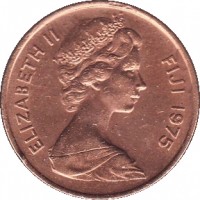 Fiji coin 2 Cents - Elizabeth II - 2'nd Portrait (1969 - 1985) obverse obverse of 2 Cents - Elizabeth II - 2'nd Portrait (1969 - 1985) coin with KM# 28 from Fiji. Inscription: ELIZABETH II FIJI 1975