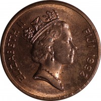 Fiji coin 1 Cent - Elizabeth II - 3'rd Portrait (1990 - 2006) obverse obverse of 1 Cent - Elizabeth II - 3'rd Portrait (1990 - 2006) coin with KM# 49a from Fiji. Inscription: ELIZABETH II FIJI 1992