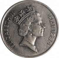 obverse of 20 Cents - Elizabeth II - 3'rd Portrait (1990 - 2006) coin with KM# 53a from Fiji. Inscription: ELIZABETH II FIJI 1990