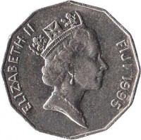 obverse of 50 Cents - Elizabeth II - 3'rd Portrait (1990 - 2006) coin with KM# 54a from Fiji. Inscription: ELIZABETH II FIJI 1998