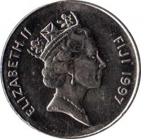 obverse of 10 Cents - Elizabeth II - 3'rd Portrait (1990 - 2006) coin with KM# 52a from Fiji. Inscription: ELIZABETH II FIJI 1990