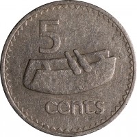 Fiji coin 5 Cents - Elizabeth II - 2'nd Portrait (1969 - 1984) reverse reverse of 5 Cents - Elizabeth II - 2'nd Portrait (1969 - 1984) coin with KM# 29 from Fiji. Inscription: 5 cents