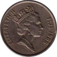 Fiji coin 20 Cents - Elizabeth II - 3'rd Portrait (1986 - 1987) obverse obverse of 20 Cents - Elizabeth II - 3'rd Portrait (1986 - 1987) coin with KM# 53 from Fiji. Inscription: ELIZABETH II FIJI 1986