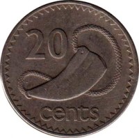 Fiji coin 20 Cents - Elizabeth II - 3'rd Portrait (1986 - 1987) reverse reverse of 20 Cents - Elizabeth II - 3'rd Portrait (1986 - 1987) coin with KM# 53 from Fiji. Inscription: 20 cents