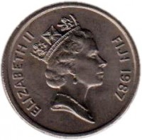 Fiji coin 5 Cents - Elizabeth II - 3'rd Portrait (1986 - 1987) obverse obverse of 5 Cents - Elizabeth II - 3'rd Portrait (1986 - 1987) coin with KM# 51 from Fiji. Inscription: ELIZABETH II FIJI 1987