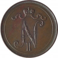 obverse of 10 Penniä - Nicholas II (1895 - 1917) coin with KM# 14 from Finland. Inscription: N II