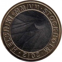 reverse of 5 Euro - 2012 Ice Hockey World Championship (2012) coin with KM# 183 from Finland. Inscription: HELSINKI MM/VN STOCKHOLM 2012