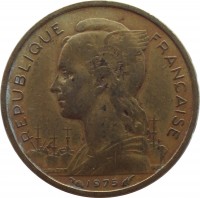 obverse of 10 Francs (1969 - 1975) coin with KM# 17 from French Afars and Issas. Inscription: REPUBLIQUE FRANÇAISE 1975