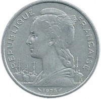 French Afars and Issas coin 5 Francs (1968 - 1975) obverse obverse of 5 Francs (1968 - 1975) coin with KM# 14 from French Afars and Issas. Inscription: REPUBLIQUE FRANCAISE 1975