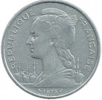 obverse of 5 Francs (1968 - 1975) coin with KM# 14 from French Afars and Issas. Inscription: REPUBLIQUE FRANCAISE 1975