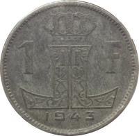 reverse of 1 Franc - Leopold III - BELGIE-BELGIQUE (1942 - 1947) coin with KM# 128 from Belgium. Inscription: 1 F 1943