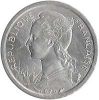 obverse of 1 Franc (1969 - 1975) coin with KM# 16 from French Afars and Issas. Inscription: REPUBLIQUE FRANCAISE 1975