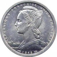 obverse of 2 Francs (1948) coin with KM# 7 from French Equatorial Africa. Inscription: REPUBLIQUE FRANCAISE UNION FRANCAISE 1948