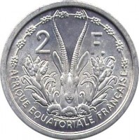 French Equatorial Africa coin 2 Francs (1948) reverse reverse of 2 Francs (1948) coin with KM# 7 from French Equatorial Africa. Inscription: 2 F AFRIQUE EQUATORIALE FRANCAISE