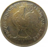 obverse of 50 Centimes (1942) coin with KM# 1 from French Equatorial Africa. Inscription: RF AFRIQUE EQUATORIALE FRANCAISE LIBRE