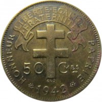 reverse of 50 Centimes (1942) coin with KM# 1 from French Equatorial Africa. Inscription: LIBERTE.EGALITE .FRATERNITE. 50 CMES 1942 HONNEUR PATRIE