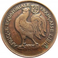 obverse of 50 Centimes (1943) coin with KM# 1a from French Equatorial Africa. Inscription: RF AFRIQUE EQUATORIALE FRANCAISE LIBRE