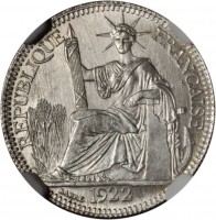 obverse of 10 Centimes (1921 - 1937) coin with KM# 16 from French Indochina. Inscription: REPUBLIQUE FRANÇAISE BARRE 1922