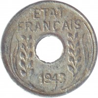 obverse of 1 Centime (1943) coin with KM# 26 from French Indochina. Inscription: ETAT FRANCAIS 1943