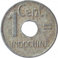 French Indochina coin 1 Centime (1943) reverse reverse of 1 Centime (1943) coin with KM# 26 from French Indochina. Inscription: Cent. 1 = INDOCHINE