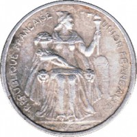 French Oceania coin 1 Franc (1949) obverse obverse of 1 Franc (1949) coin with KM# 2 from French Oceania. Inscription: REPUBLIQUE FRANCAISE UNION FRANCAISE