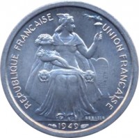 French Oceania coin 2 Francs (1949) obverse obverse of 2 Francs (1949) coin with KM# 3 from French Oceania. Inscription: REPUBLIQUE FRANÇAISE UNION FRANÇAISE G.B.BAZOR 1949