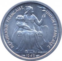 obverse of 2 Francs (1949) coin with KM# 3 from French Oceania. Inscription: REPUBLIQUE FRANÇAISE UNION FRANÇAISE G.B.BAZOR 1949