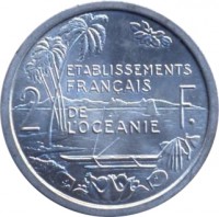 French Oceania coin 2 Francs (1949) reverse reverse of 2 Francs (1949) coin with KM# 3 from French Oceania. Inscription: ETABLISSEMENTS FRANÇAIS DE L'OCÉANIE 2 F.